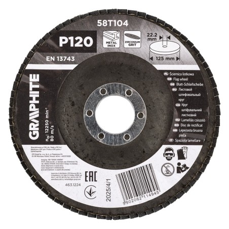 GRAPHITE 58T104 Ściernica listkowa cyrkonowa 125 x 22.2 mm, P120