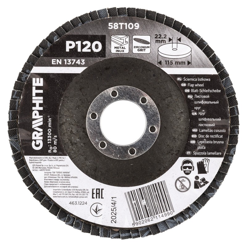 GRAPHITE 58T109 Ściernica listkowa cyrkonowa 115 x 22.2 mm, P120