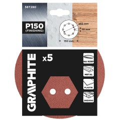 GRAPHITE 58T280 Krążki ścierne na rzep 150 mm, P150, 5 szt., z 8 otworami 