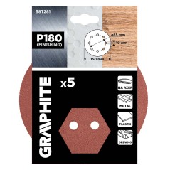 GRAPHITE 58T281 Krążki ścierne na rzep 150 mm, P180, 5 szt., z 8 otworami 